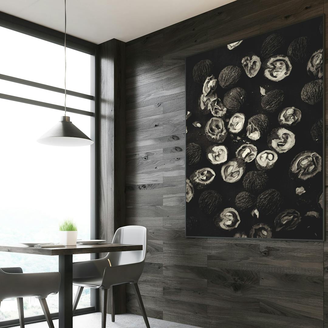 Dark wooden bar, tables close up