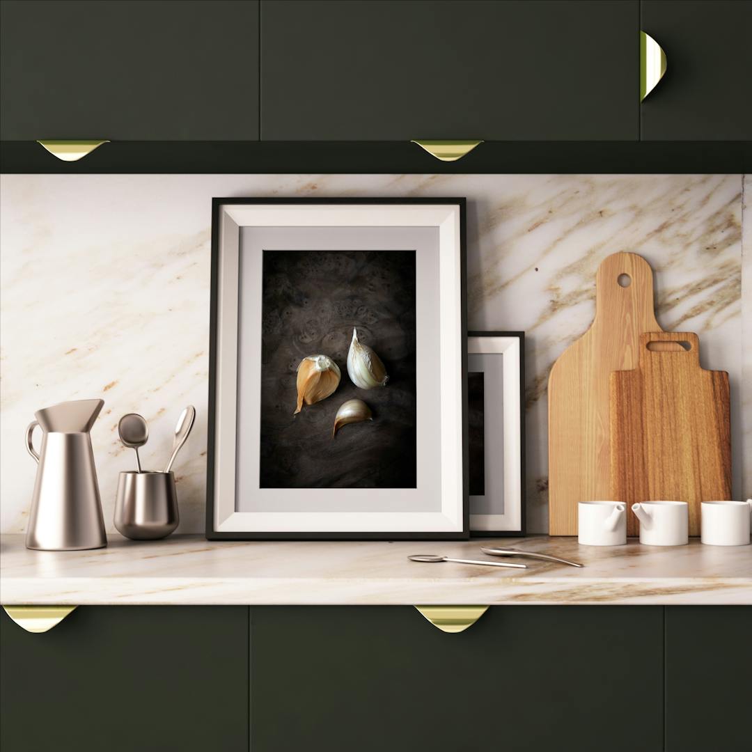 Mock up poster in a frame in the kitchen in a hipster style. 3d