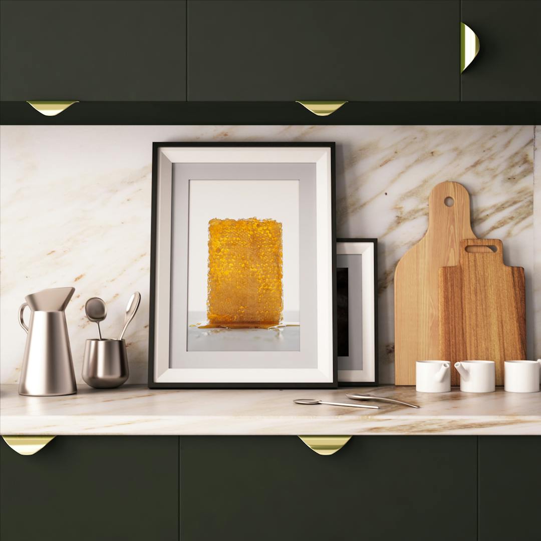 Mock up poster in a frame in the kitchen in a hipster style. 3d